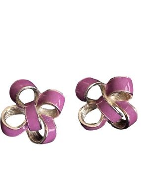 Vintage 80s Donald Stannard 3D Purple And Gold Bow Enamel Clip-On Earrings‎